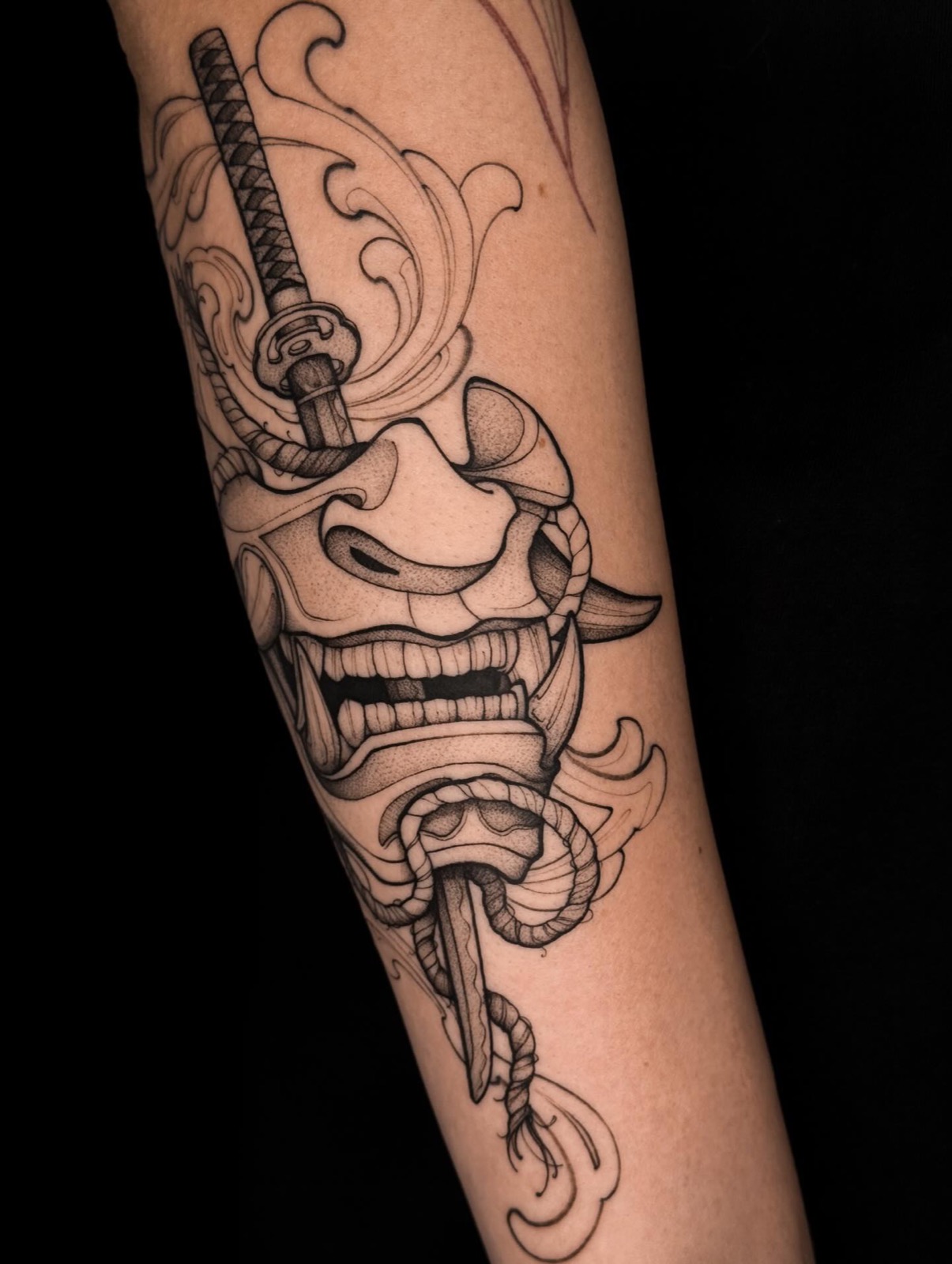 Hannya mask with katana — forearm blackwork