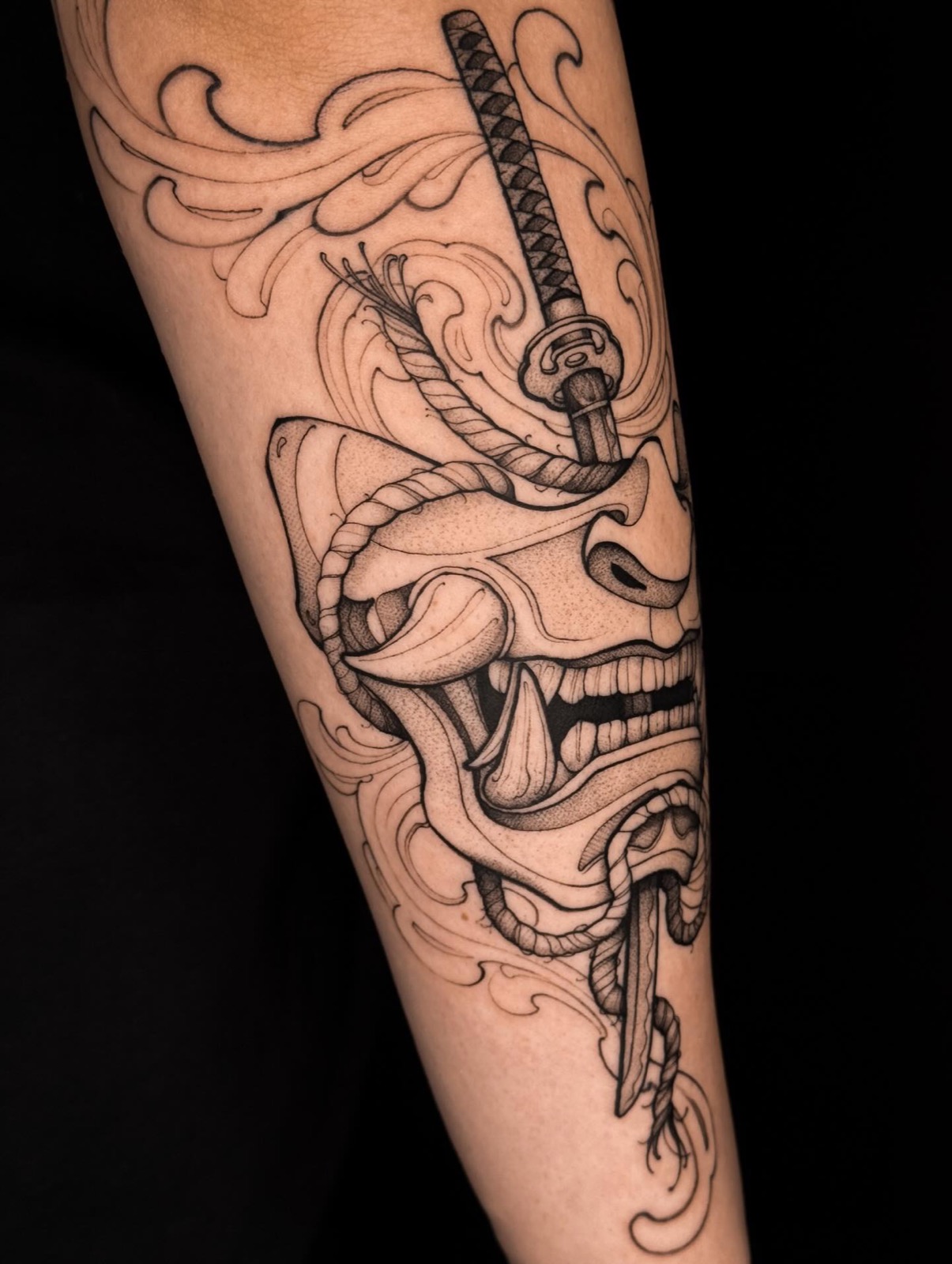Hannya mask full composition on forearm